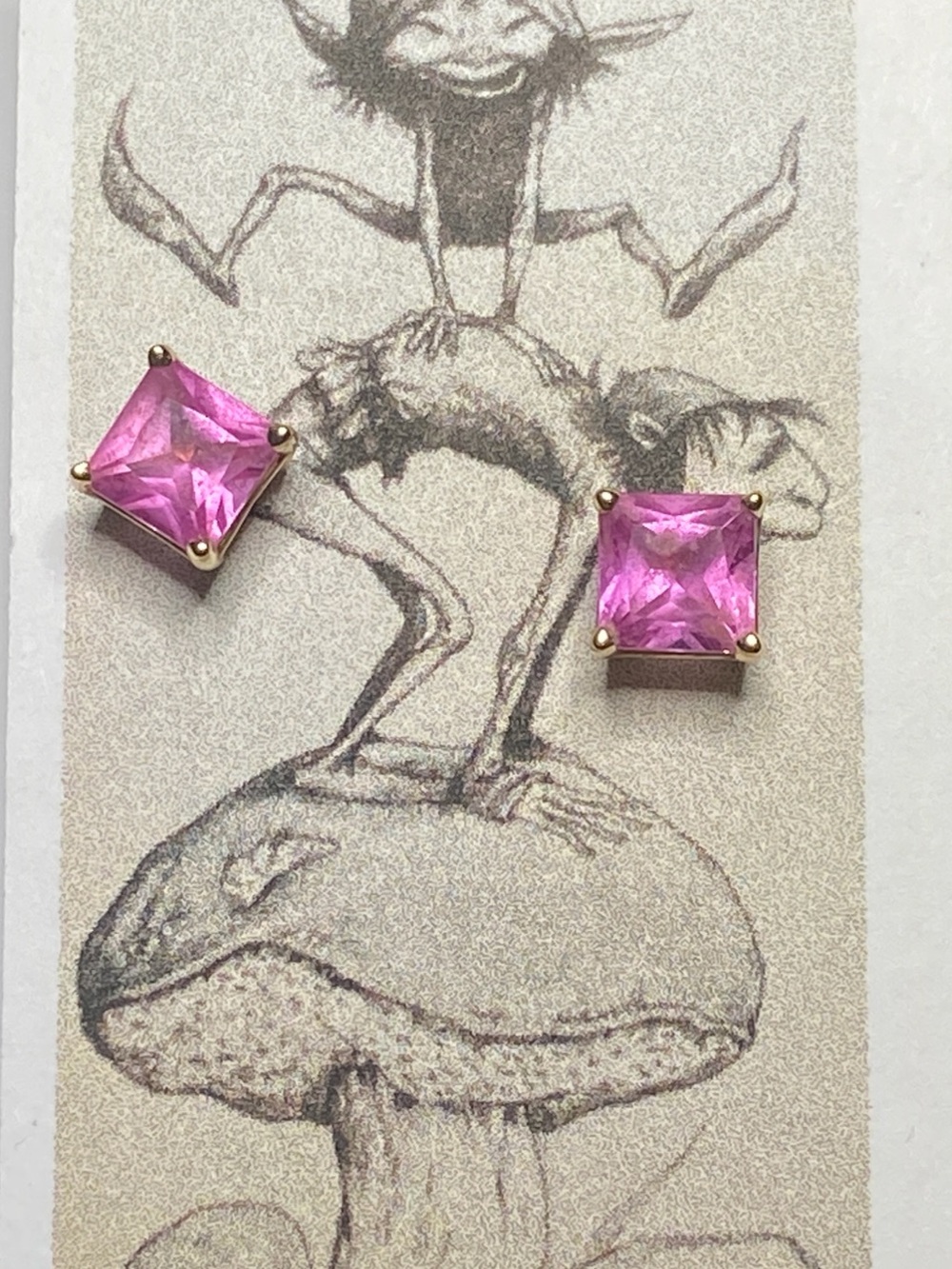 14K Yellow Gold Pink Sapphire Square Stud Post Earrings